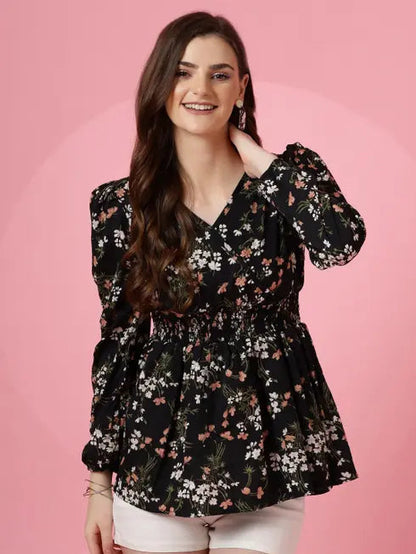 Honky Tonky Black Floral Print Peplum Top