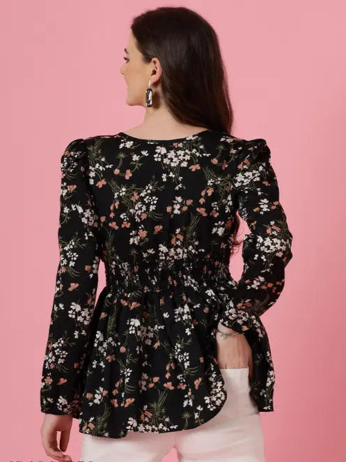 Honky Tonky Black Floral Print Peplum Top