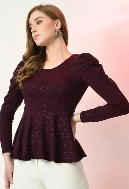 Party Puff Sleeves Self Design Women Purple Top