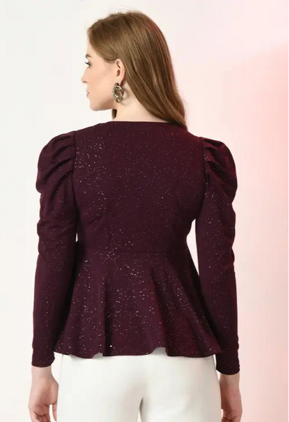 Party Puff Sleeves Self Design Women Purple Top