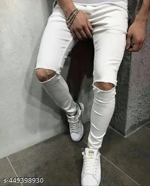 White jeans men's slim fit knee cut jeans stretch